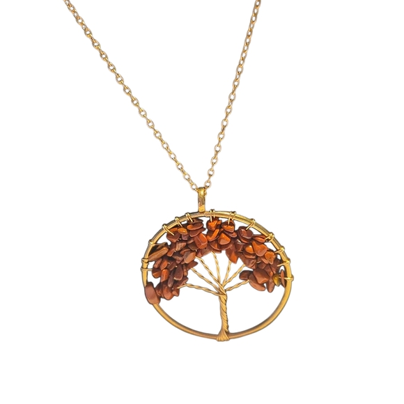 Hand Crafted Jewelry - Elegant Gold Tree Of Life Made With Red Jasper Necklace B222